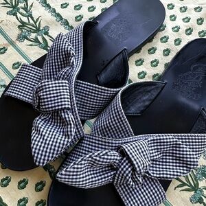 Ancient Greek Sandals Black & White Gingham Bow Slide Sandals